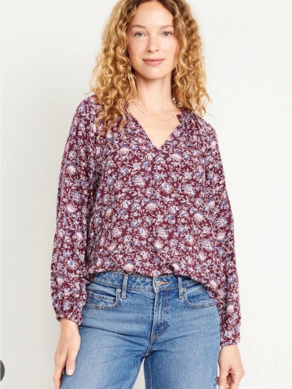 Old Navy Burgundy Floral V-Neck Blouse